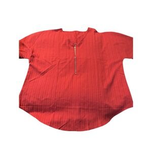 Women Plus Size Casual Zipper T-Shirt V Neck Roll-up Sleeves, Red Size 2xl SHEIN